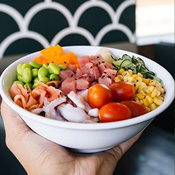 Instagram image of Lemonshark Poke Bowl with Fish and toppings from the side