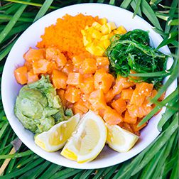 Instagram image of Lemonshark Poke Bowl with Fish and toppings from the top